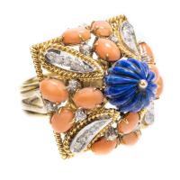 Lady's Designer Coral, Lapis and Diamond Pagoda Style Ring set in 14K Yellow Gold. Unusual and Striking.