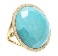 Lady's 18K Yellow Gold and Faceted Kingman Turquoise Ring with Bezel of Tiny Accent Diamonds by Acclaimed Jeweler, Ippolita Rost