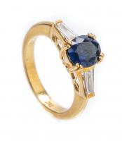 Lady's Elegant 18K Yellow Gold, Diamond and 2 Carat Blue Ceylon Sapphire Ring