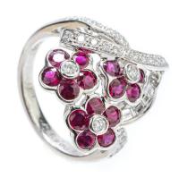 Lady's 18K White Gold, Diamond and Burmese Ruby Ring in a Floral Basket Design