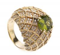 Lady's 14K Yellow Gold and Peridot Dome Ring with 2.5 Carats of Diamonds