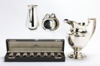 Collection of Late 20th Century Sterling Silver: A Large Water Pitcher, Stylish Modernist Vase and 8 Georg Jensen Silver Mini-Go