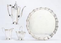 G. S. Co. Sterling Silver Tea Pot, Creamer and Sugar, Early 20th Century British Silver on Birks Sterling Silver Tray