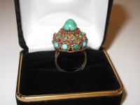 Lady's 14k Yellow Gold Ring with Persian Turquoise and Rubies in a Wonderfully Exotic Domed Ring