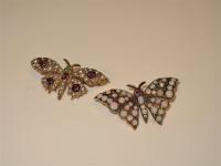 Lady's Antique, 10K Yellow Gold Bejeweled Butterfly Pins; One in Opal Cabochons, One in Seed Pearls and Garnets