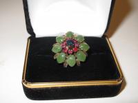 Lady's Vintage 18K Yellow Gold Floral Ring of Jade, Rubies and a Fine Sapphire