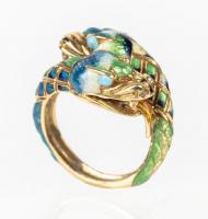 Lady's Striking and Unique 14K Yellow Gold, Enamel and Persian Turquoise Snake Ring, Beautifully Made with Superb Details