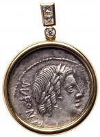 Lady's 18K Yellow Gold and Ancient, Roman Republic Denarius ca 85 B.C with Head of Apollo. Accent Diamonds on the Bail.