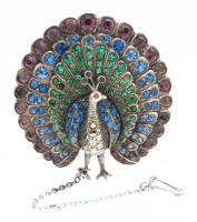 Antique 975 Silver Peacock Brooch with Glass and Semi-Precious Stones