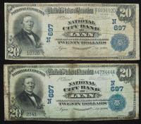 Pair of $20 National Bank Notes. National City Bank, Lynn, MA. Ch. 697.