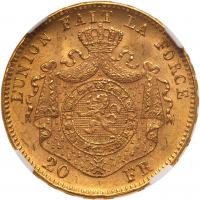 WITHDRAWN - Belgium. 20 Francs, 1874 NGC MS64 - 2