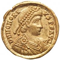 Honorius, A,D. 393-423. Gold Solidus (4.38 g) EF