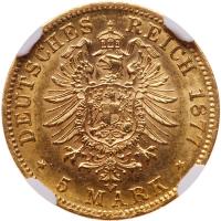 German States: WÃ¼rttemberg. 5 Marks, 1877-F NGC Unc - 2