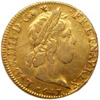 France. Louis d'or a la meche longue, 1647-N (Montpellier) PCGS EF45