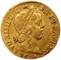 France. Louis d'or a la meche longue, 1654/3-B (Rouen) PCGS AU53