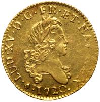 France. Louis XV (1715-1774). Gold Louis d'or aux 2 L, 1720-L