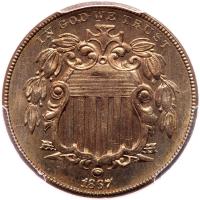 1867 Shield 5C. No Rays PCGS MS64