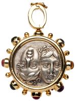 Lovely Ancient Greek Silver Coin, ca. 340-313 BC mounted in 18K Gold and Semi-Precious Stones.