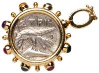 Lovely Ancient Greek Silver Coin, ca. 340-313 BC mounted in 18K Gold and Semi-Precious Stones. - 2