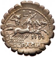 L. Cornelius Scipio Asiaticus <I>(moneyer)</I>, 106 BC. Serrated AR Denarius (19 mm 3.83 g) - 2