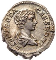 Geta. Silver Denarius (3.23 g), as Caesar, AD 198-209 EF