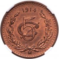 Mexico. 5 Centavos, 1914-Mo NGC MS65 RB