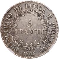 Italian States: Lucca. 5 Franchi, 1805 NGC EF - 2