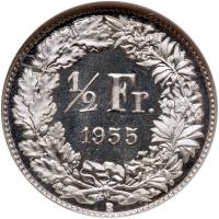 Switzerland. Â½ Franc, 1955-B NGC Specimen 66 - 2