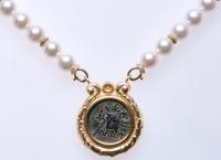 Lady's New Custom Created Necklace of 18K Yellow Gold, Diamond, Pearl and Ancient Roman Provencial Bronze ca. 1st Century. - 2