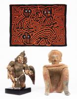 Collection of Ethnic Arts: Large Colima Figure, Mola and Balinese Angel on Custom Marble Stand