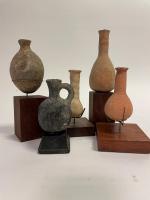 Ancient, Biblical Era, Judean Pottery: Five (5) Pieces on Stands. Very Appealing Collection of Black Ware and Terra Cotta Oil Ju