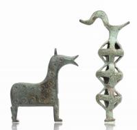 Two Ancient Bronze Pieces: Bronze Horse Buckle or Pin and an Intriguing Geometric Phoenician Stopper/Pendant