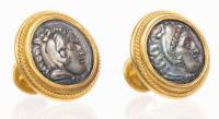 Men's Handsome, 22 Karat Yellow Gold Cufflinks Containing a Silver Macedonian Alexander III "The Great" Silver Drachm