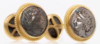 Men's or Ladies 22k Yellow Gold Cufflinks, Front Face with a Lokris Stater and the Post With a Siver Tetrobol. Outstanding Desig