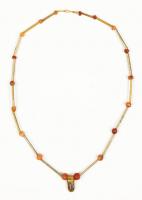 Ancient, High Karat Yellow Gold Tubular Bead Necklace with Striking Pendant Housing a Banded Agate with Ancient Carnelian Beads