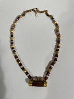 Banded Agate Necklace a Mix of Ancient and Contemporary Beads with Ancient Round and Bicone Shaped Gold Beads with Center Pendan