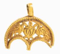 Exceptionally Detailed, Byzantine, High Karat, Yellow Gold Pendant with Peacocks in Half-Moon Design