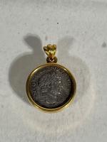 Caracella Silver Denarius Coin in 22K Yellow Gold Bezel of Caracalla Struck ca. 217 A.D.