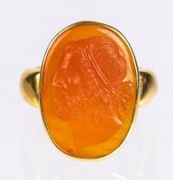 Stunning Neoclassical Carnelian Cameo Ring in 22K Yellow Gold. High Relief Portrait Bust of an Ancient Philosopher