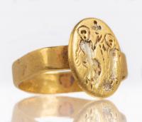 Choice, Ancient Byzantine Period High Karat Yellow Gold Ring with Engraved Saints 6th-7th Century AD with Near Octagonal Shaped