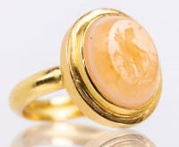 Impressive Ancient Roman Intaglio of Brownish Pink Banded Agate Set in a Modern 22K Yellow Gold Ring of Fortuna, Goddess of Fort