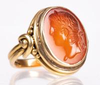 Handsome, Striking 18K Yellow Gold Ring Having an Exceptional Carnelian Intaglio of the Bust of an Emperor