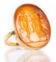 Beautiful Neoclassical Carnelian Intaglio of Supreme Artistry of the Goddess Nike Honoring a Victorious Athlete Set in 18K Yello