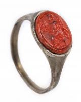 Ancient Late Roman Silver Ring with Carnelian Intaglio of a Seated Zeus Holding Eagle, 6th Century AD