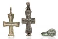 Collection of Three Byzantine Bronze Pieces: One Cross One Reliquary Cross and One Ring Inscribed with Name, Michael.