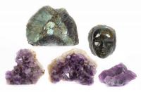 Collection of Minerals: Standout is a Carved Labradorite Head. Also Included are Amethyst Crystal Clusters and a Labradorite Sli