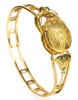 Beautiful Custom, 18K Yellow Gold Scarab Bracelet with Accent Diamonds, Pink Sapphires and Emeralds