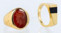 Two Mens, Vintage Yellow Gold Rings: Carnelian Intaglio and Onyx Accent