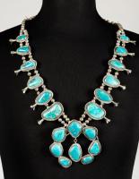 Spectacular Signed, Sterling Silver Squash Blossom Necklace in Carico Lake Blue Turquoise.