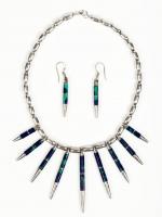 Sterling Silver Barrel Shaped Bead Necklace with Nine Sterling Silver and Enamel Tines in Vibrant Navy Blue and Green w/ Matchin